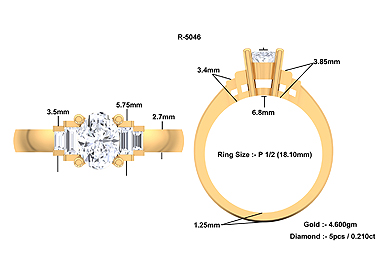 Oval and Baugette Diamond Engagement Ring 18K Yellow Gold