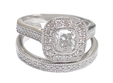 Platinum Diamond Bridal Set Rings with Millgrain